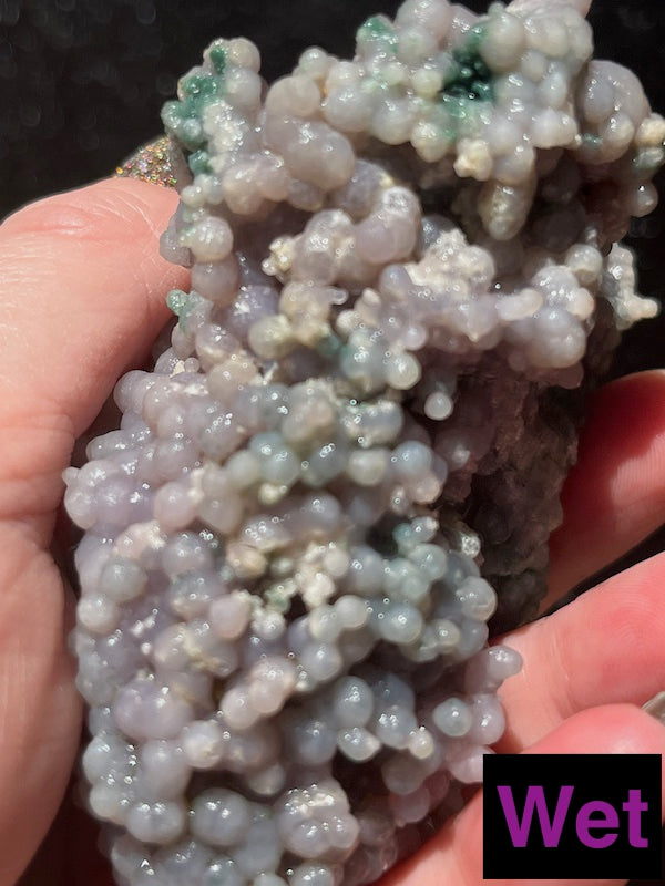 Green and turquoise run through this grape agate cluster pictured wet