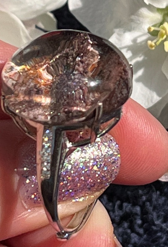 Ring, Garden Quartz shades of brown, 19mm round, sterling silver band