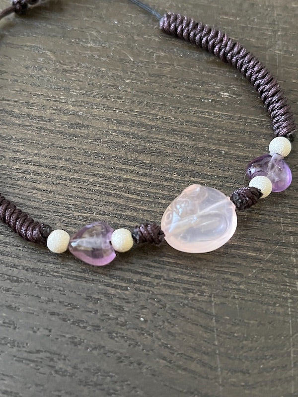 Red String Bracelet, with Rose Quartz Rabbit, amethyst hearts and sterling silver beads