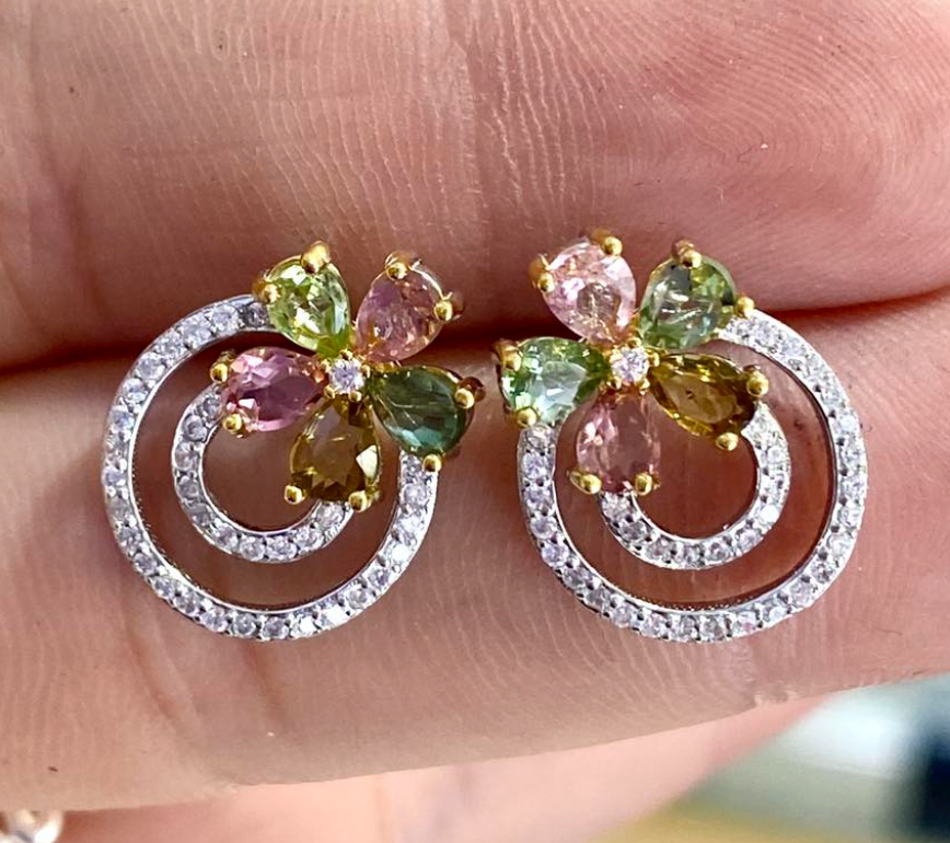 Earrings, Tourmaline teardrops set in sterling silver with cz accents