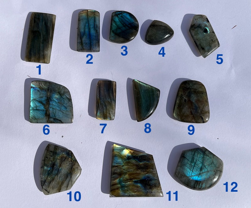 Labradorite Cabochons with Blue, orange, yellow and purple flash.