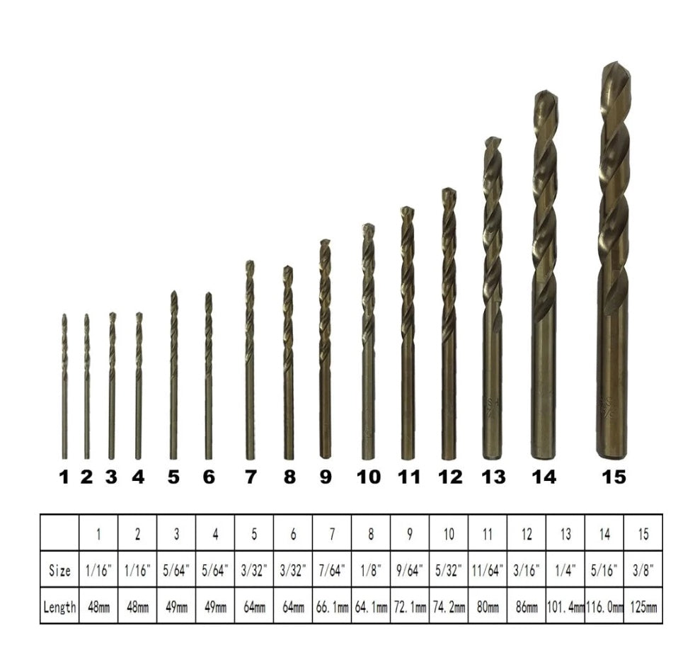 Drill Bits assortment of 15 from 2mm to 3mm