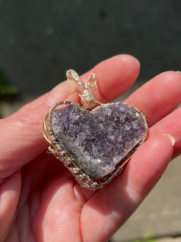 Amethyst Crystal Heart Pendant, wire wrapped pendant, Bronze and fine silver.