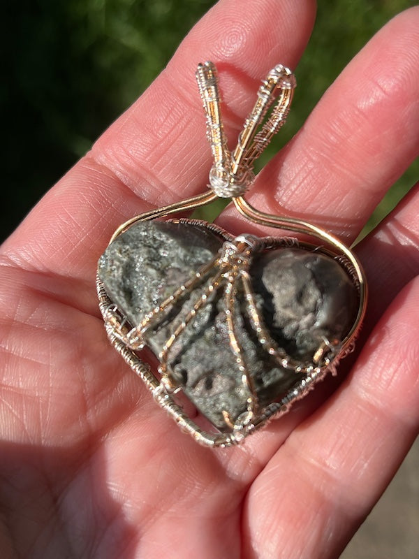 Amethyst Crystal Heart Pendant, wire wrapped pendant, Bronze and fine silver.
