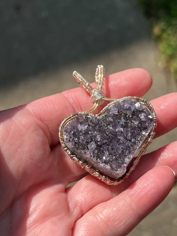 Amethyst Crystal Heart Pendant, wire wrapped pendant, Bronze and fine silver.