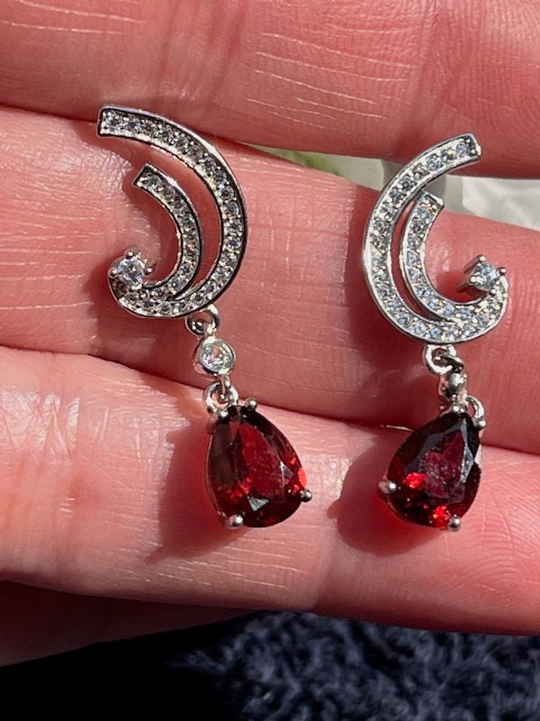 Earrings, Garnet dangling teardrops with cz accents