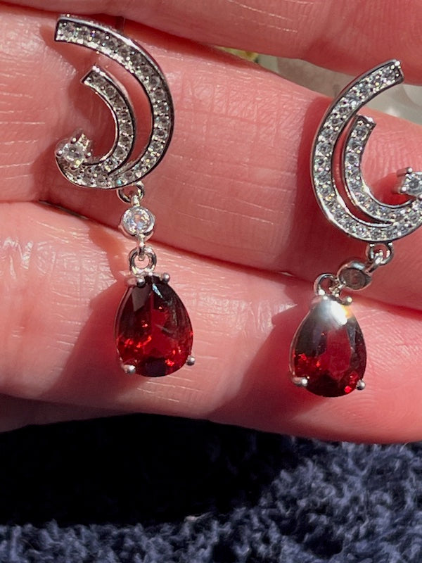 Earrings, Garnet dangling teardrops with cz accents