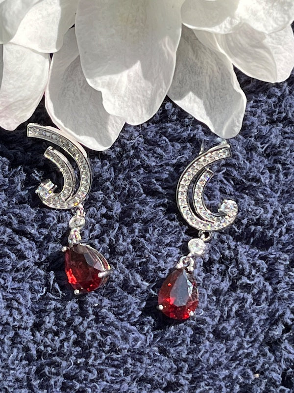 Earrings, Garnet dangling teardrops with cz accents