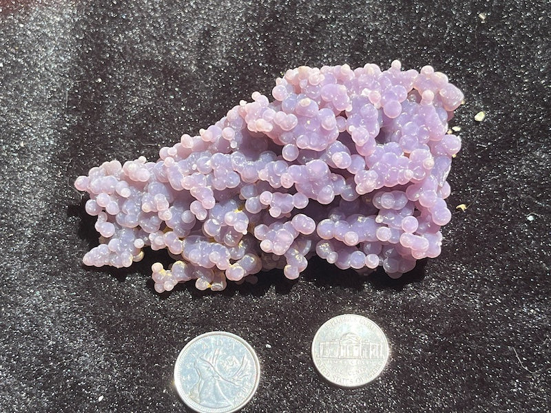 grape agate 172 gram piece next to canadian quarter and american nickel for size comparison