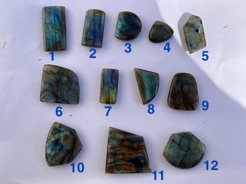 Labradorite Cabochons with Blue, orange, yellow and purple flash.