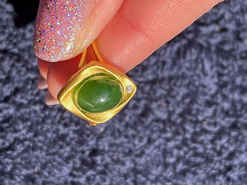 Dark green jadite sterling silver gold plated ring