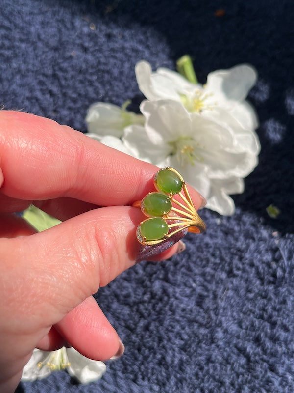 3 Jade ovals on this gold plated sterling ring