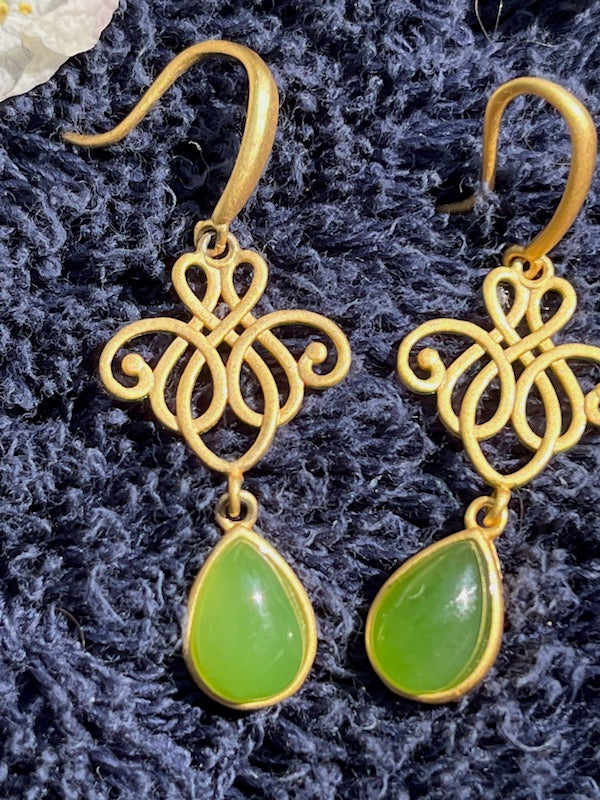 Earrings, dangling Hetian Jade teardrop, Gold plated sterling silver hooks