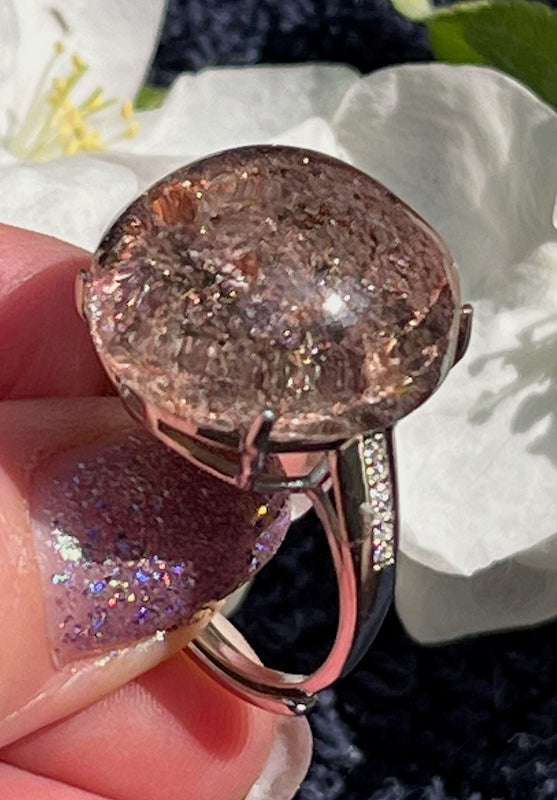 Ring, Garden Quartz shades of brown, 19mm round, sterling silver band