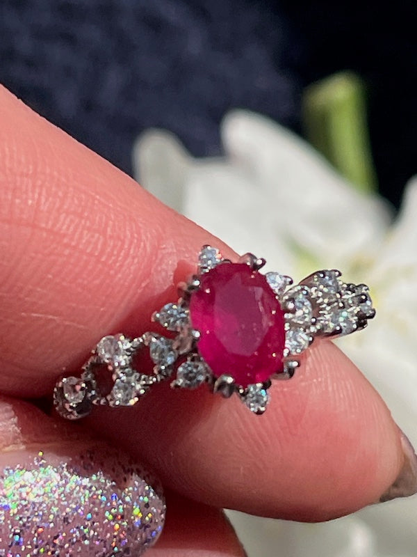 Natural ruby with cz accents in sterling silver adjustable ring