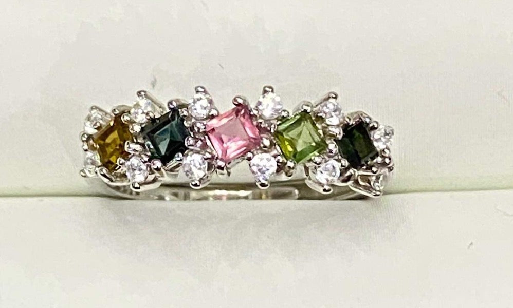 Ring, Sparkling Multi-colour Square Tourmaline with cz accent set in sterling silver.