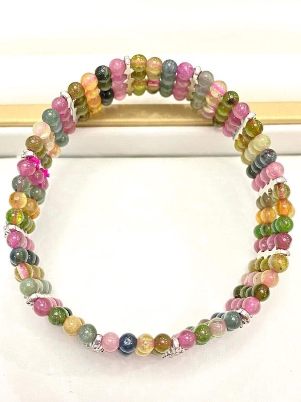 Bracelet, tourmaline, pink, green, blue and gold mix of colourful beads.