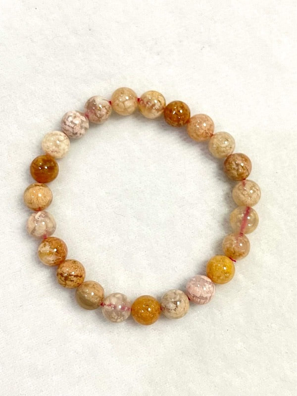 Bracelet, Flower Agate, 9 mm round beads. Amazing quality