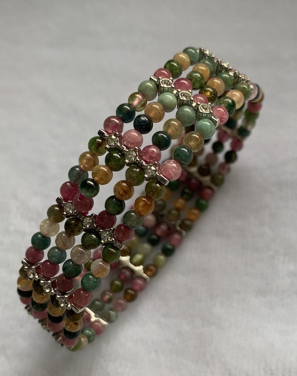 Bracelet, tourmaline, pink, green, blue and gold mix of colourful beads.