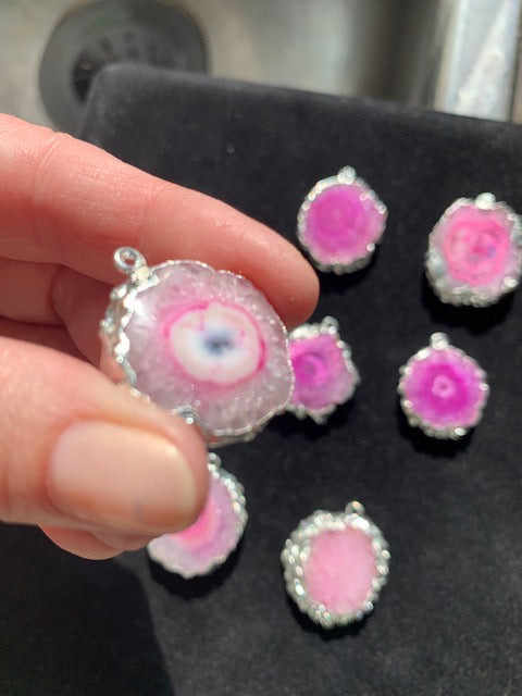 Solar Quartz Pendant, enhanced pink colour set in sterling. You pick