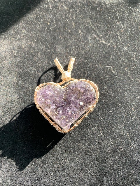 Amethyst Crystal Heart Pendant, wire wrapped pendant, Bronze and fine silver.