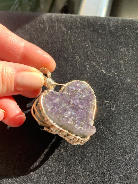 Amethyst Crystal Heart Pendant, wire wrapped pendant, Bronze and fine silver.