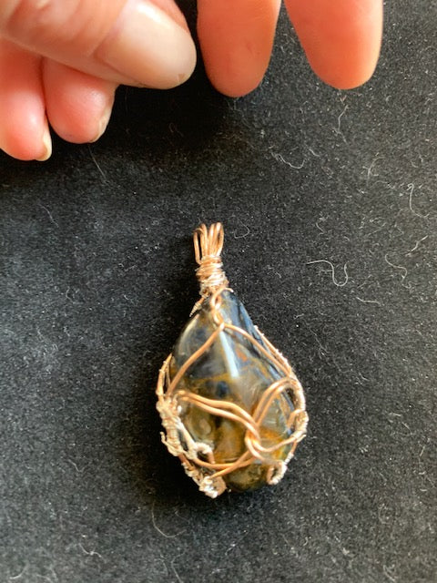 Petersite Pendant, wire wrapped pendant, Bronze and fine silver.