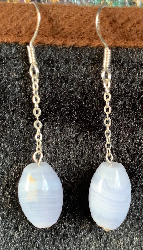 Blue Lace Agate Earrings, barrel shaped, sterling silver