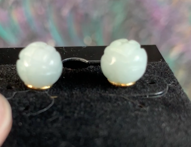 Earring studs, blue water Jade, lotus shaped, sterling silver