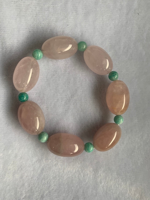 Bracelet, Large Pink Quartz barrel beads with amazonite accent beads