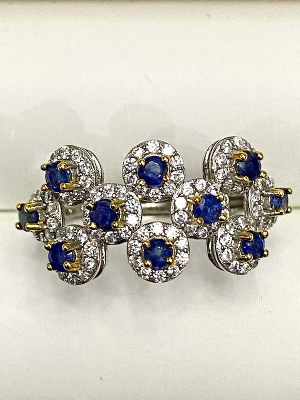 Ring, Blue Sapphire with clear CZ's set in Silver