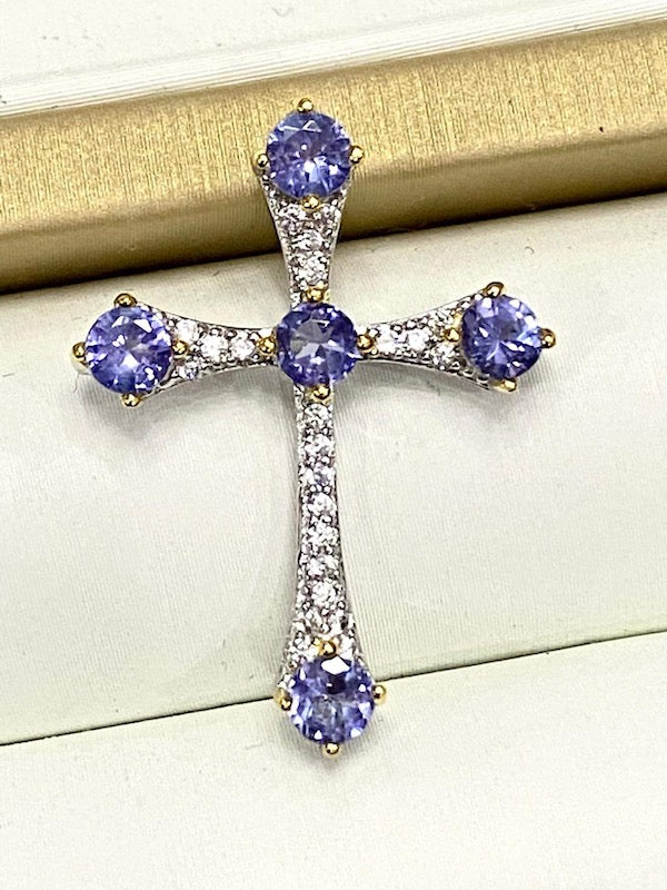 Pendant Cross, Blue Tanzanite set in Sterling Silver